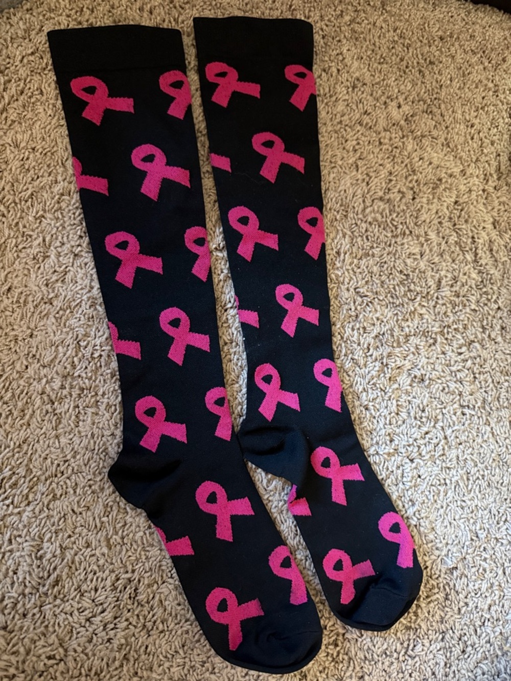 Black Knee-High Socks with Pink Awareness Ribbons l/xl